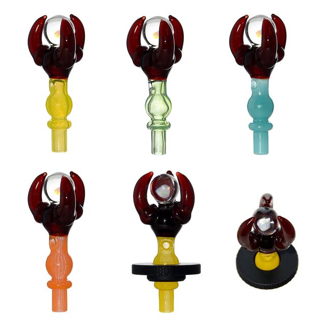 Calibear Dragon Claw caps in five stem colors: a dark red glass claw gripping a clear marble on colored stems