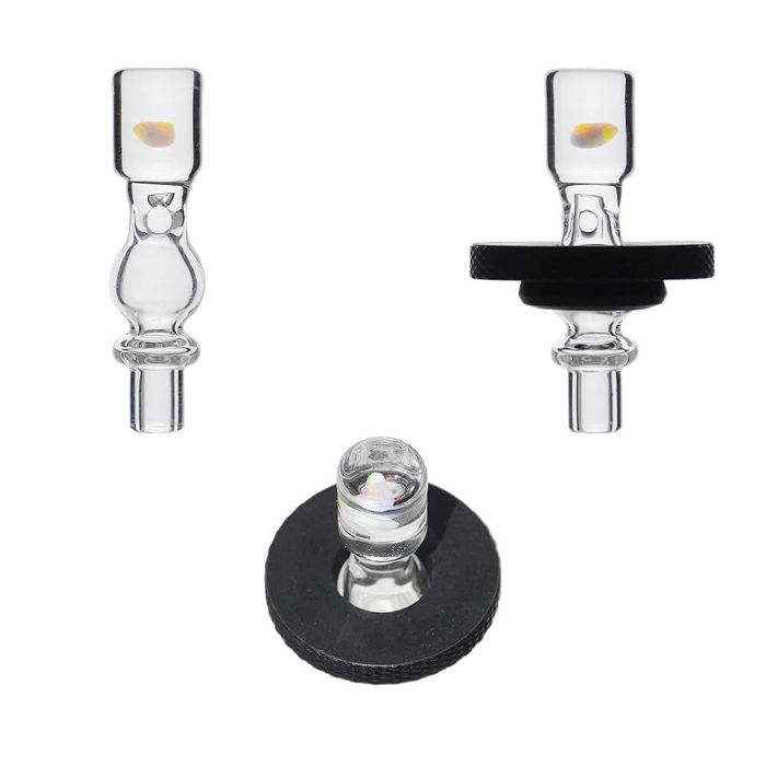 Calibear Opal Pillar joystick: a clear straight-sided glass cap with a small opal chip in the top, shown alone and in the black ring