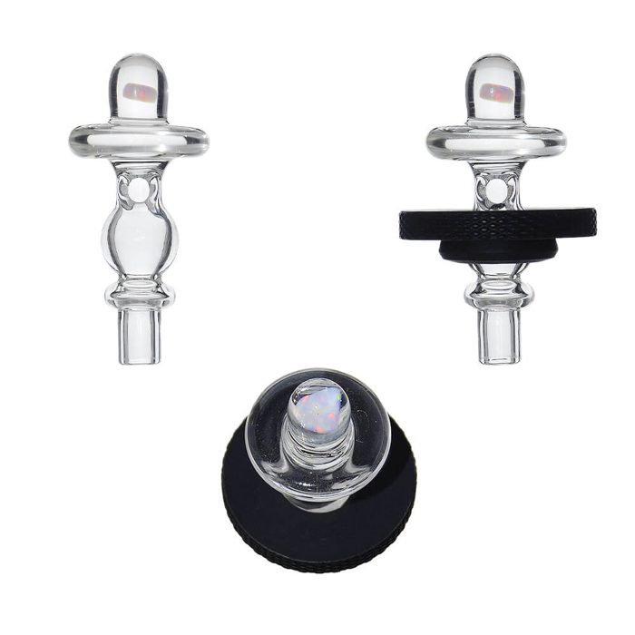Calibear UFO Opal joystick shown three ways: a clear saucer-topped cap with a small opal in the tip, and seated in the black magnetic ring
