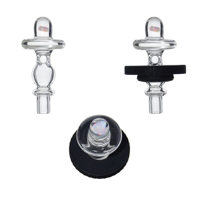 Roots Glass UFO Opal joystick: a clear saucer-topped cap with an opal in the tip, shown seated in the black magnetic ring