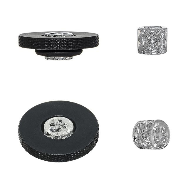 Roots Glass vortex spinner insert: a small clear cut-glass barrel shown on its own and pressed into the black knurled ring